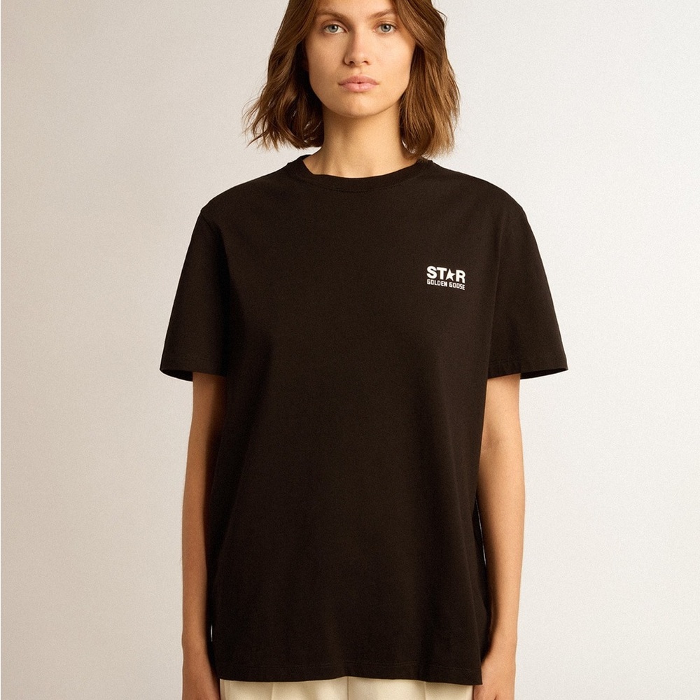 Golden Goose Black Star Collection T-shirt with contrasting white logo and star